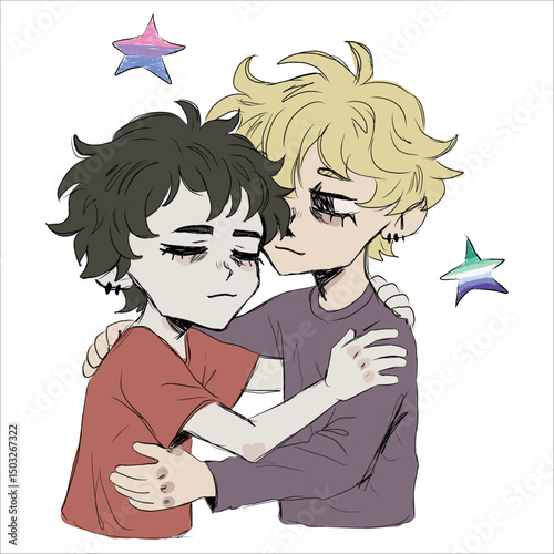 Gay couple. Two guys hugging. Gay, bisexual. Tenderness, love, relationships. Stylized unique vector illustration. Hand drawn. Human rights, LGBT pride month. Print on t-shirts, cups, stickers. 