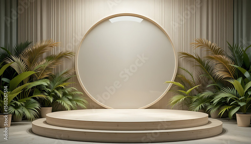 Minimal Circular Mockup Stage with Plants 