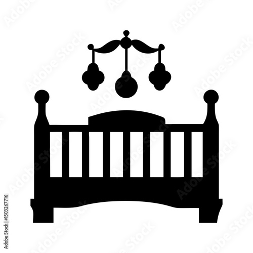 Classic Baby Crib with Mobile Silhouette for Nursery Decor or Childcare