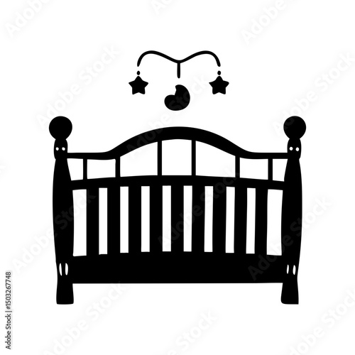Silhouette of a Baby Crib with Mobile and Stars, Childhood Dream