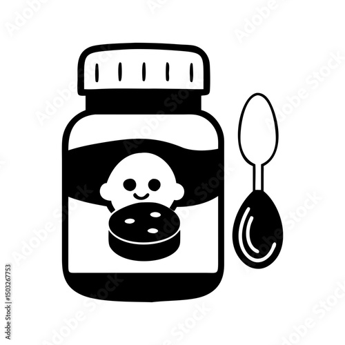 Black and White Vector Illustration of Baby Food Jar with Spoon