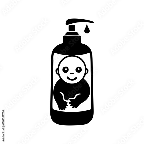 Black and white icon depicting a bottle of baby soap or lotion