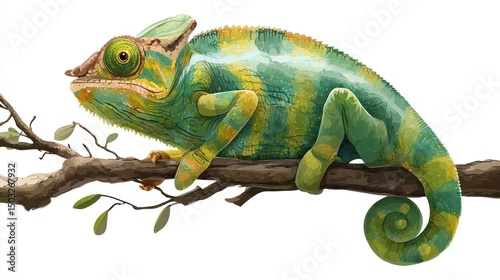 Detailed illustration of a chameleon perched on a branch