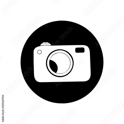 A minimalist camera icon in black and white graphic representation