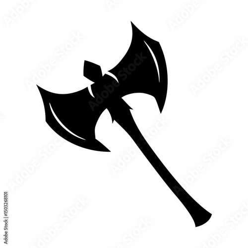 Stylized black silhouette image of a double headed battle axe weapon