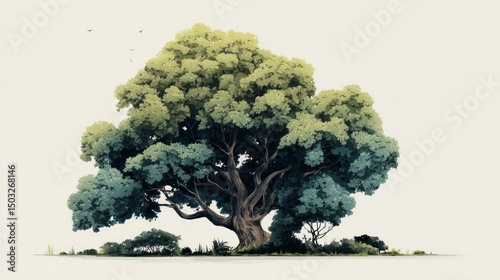 Majestic tree illustration, vibrant greens and browns, detailed foliage, serene background