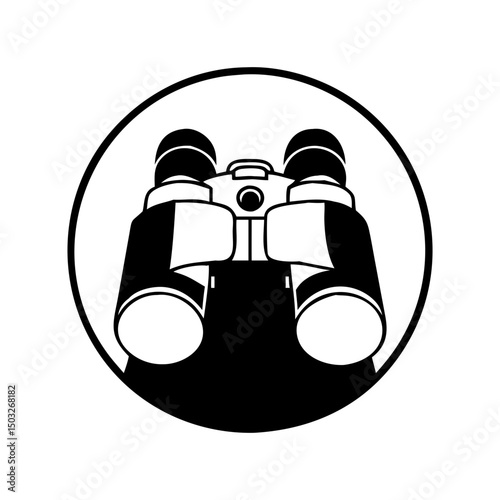 Bold Black and White Binoculars Icon Within a Circular Graphic Frame
