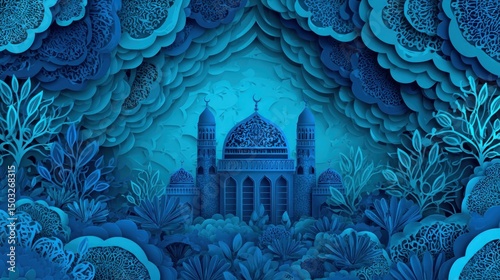 Mystical mosque nestled in a deep blue, paper-cut landscape