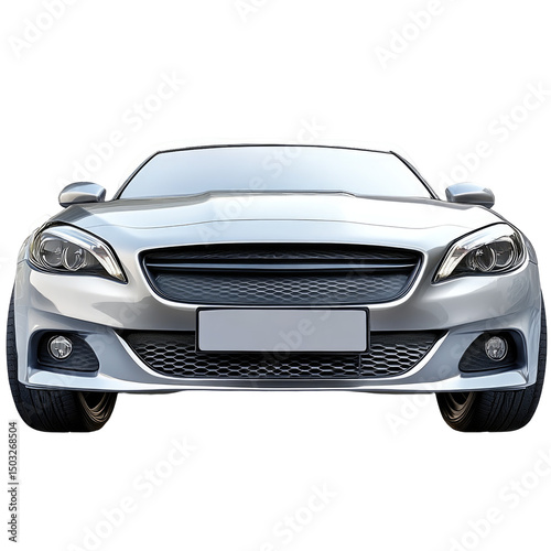 Frontal view of a silver car with a black grill and tires on a black background in a studio setting