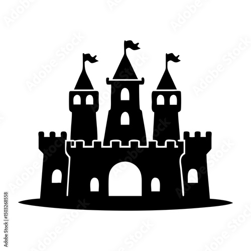 Simple Black and White Silhouette of a Classic Medieval Stone Castle