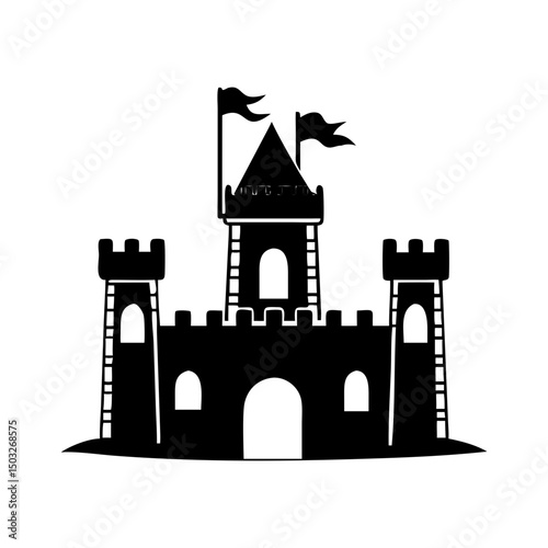 Silhouette of Medieval Castle with Flags Waving in the Wind Illustration