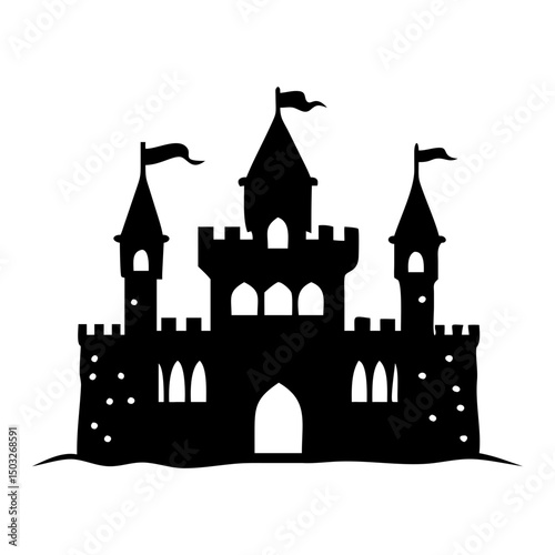 Majestic Silhouette of a Medieval Castle with Towers and Flags