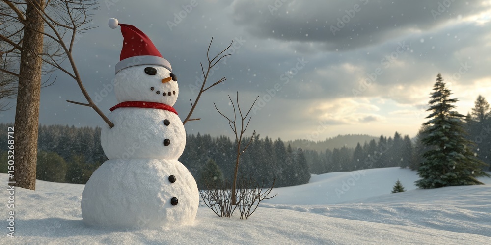 Obraz premium Snowman in Red Hat Winter Landscape, snow, holiday