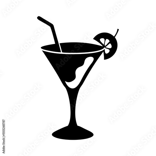 Elegant black and white martini glass with straw and citrus garnish