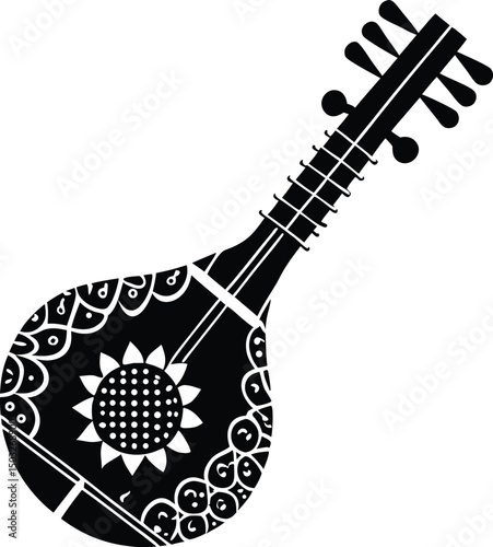 Ornate Black and White Sitar Illustration Design