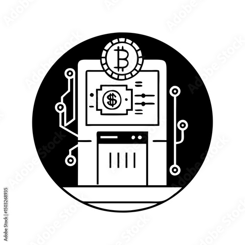 Bitcoin ATM Icon in Circle Representing Digital Currency and Technology