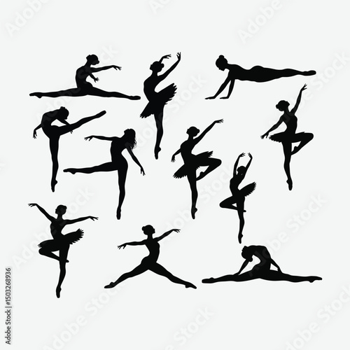 Elegant Female Gymnast & Ballerina Silhouette Set – Minimalist Vector Art of Dance Poses on White Background