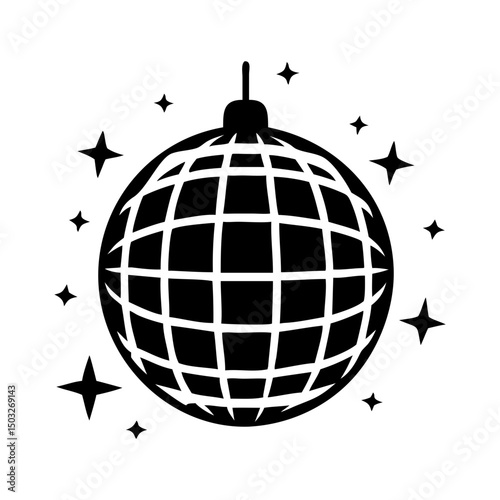 Black and white disco ball with stars creates a retro vibe