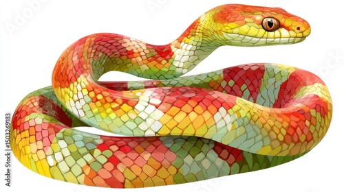 Vibrant colorful snake, coiled, detailed scales