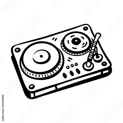 Monochrome illustration of a DJ turntable with record and tone arm elements
