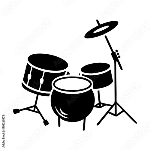 Stylized black and white illustration of a three piece drum set