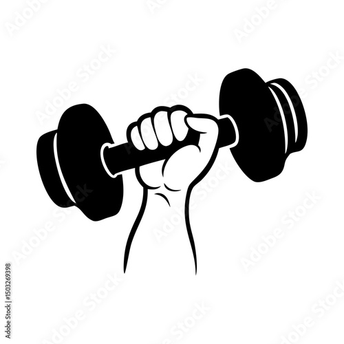 Cartoon hand holding dumbbell weight in black and white vector illustration