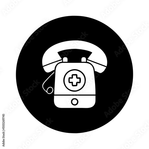 Monochrome image of a telephone with a medical symbol on a black circle