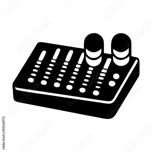 Black and white graphic depiction of a sound mixing console with knobs