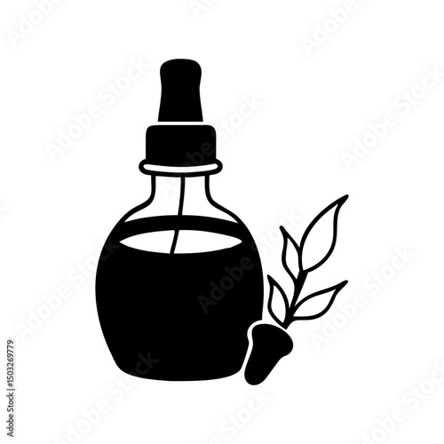 Black silhouette image of dropper bottle with plant extract and leaves