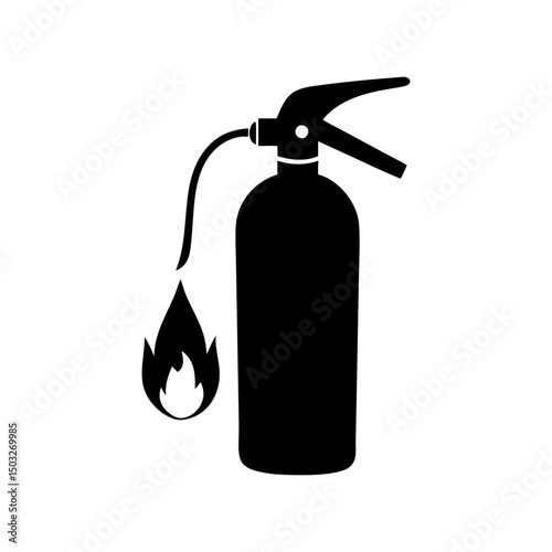 Icon of a black fire extinguisher with flame, vector illustration