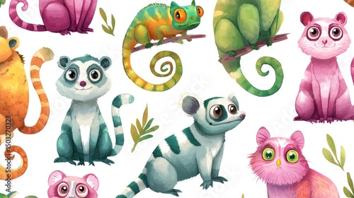 Colorful animal pattern with various cute creatures