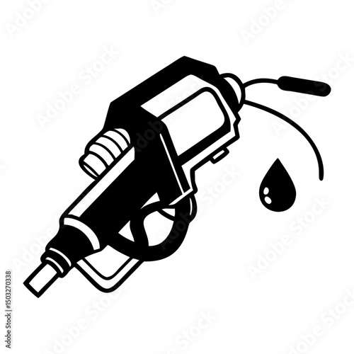 Black and white vector illustration of a fuel pump nozzle and drop