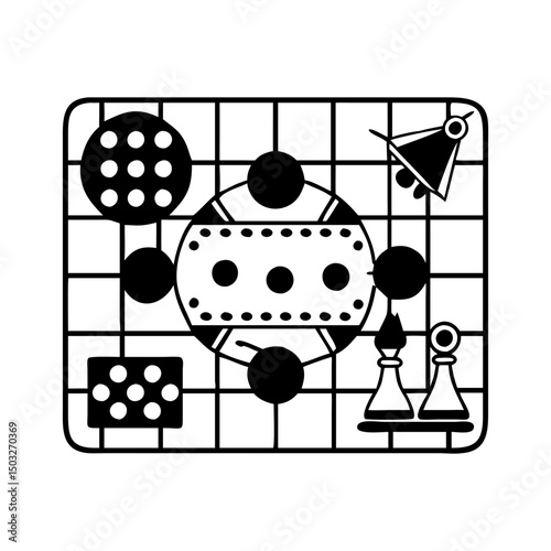 Abstract geometric composition with a grid, circles, chess pieces and unusual shapes