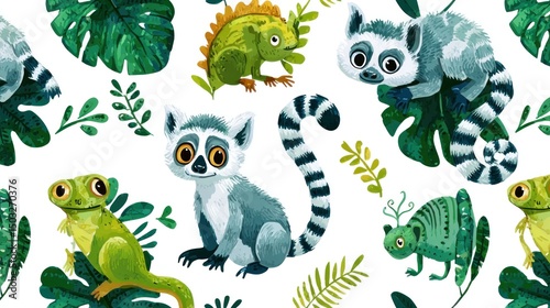 Adorable jungle animals pattern on a white background featuring lemurs, lizards, and frogs