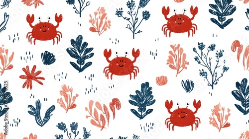 Cute crab and underwater plant seamless pattern