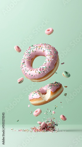 Pink Glazed Donuts with Sprinkles Levitating Against a Mint Green Background