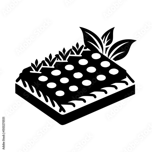 Isometric view of a cultivated field with circular plants or vegetables