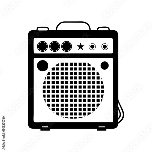 Black and white illustration of a vintage guitar amplifier with speaker