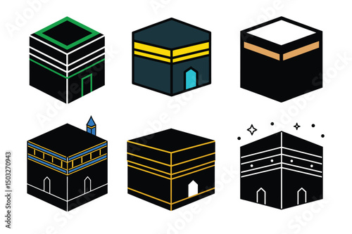 Modern Kaaba Cube Illustrations Featuring Diverse Islamic Sacred Designs
