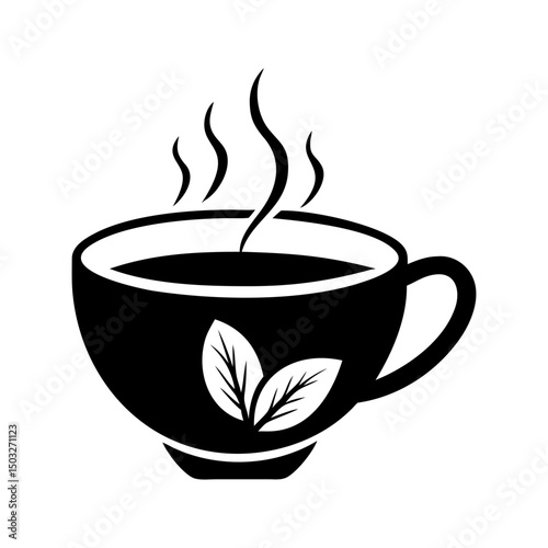 A steaming cup of herbal tea with decorative leaves illustration