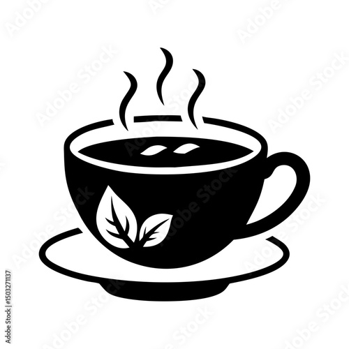Stylized image of a teacup filled with tea and showing steam