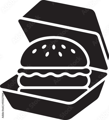 Silhouette vector EPS of a burger in a takeout box, ideal for fast food delivery, takeout branding, and restaurant menu designs.