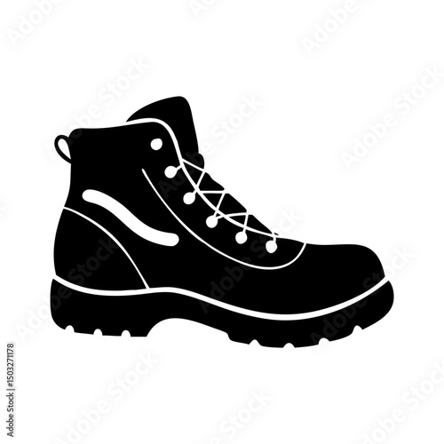 Black silhouette illustration of a sturdy hiking boot with intricate lacing