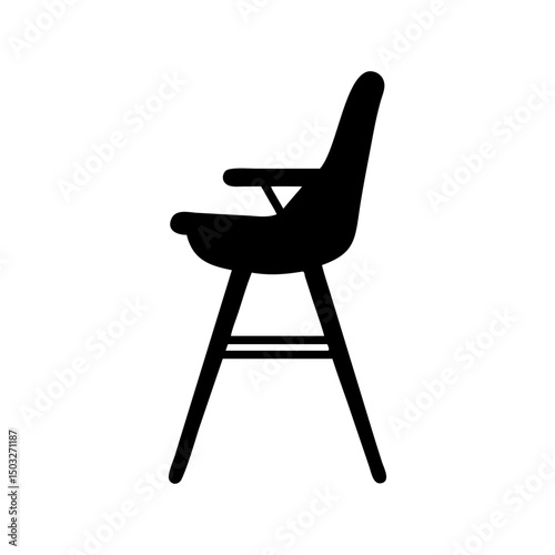 Minimalist black silhouette illustration of a child's highchair with armrests and legs