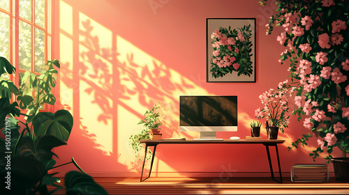 Sunlight streams through a window, casting shadows on a coral-colored wall in a home office filled with lush greenery and flowers. A computer sits on a mid-century modern desk.