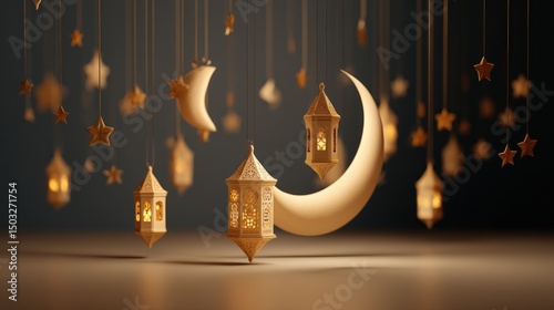 Crescent moon and lanterns, stars, celebration