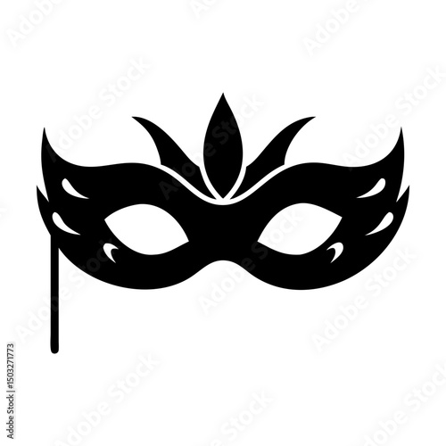 Elegant black masquerade mask with feather accents and handheld stick detail