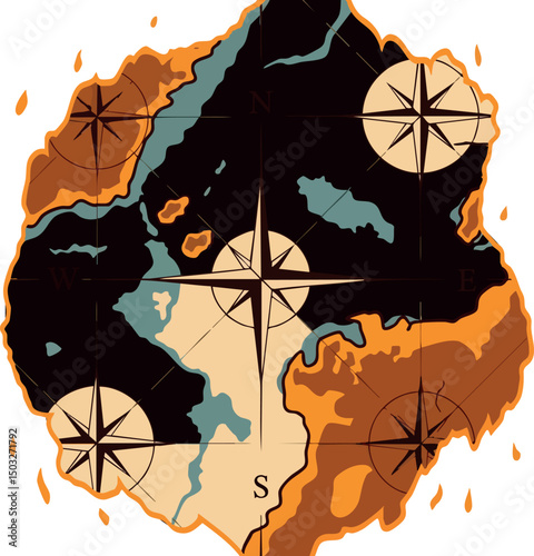 Vintage style treasure map with compass roses and island landmass in earth tones vector illustration 