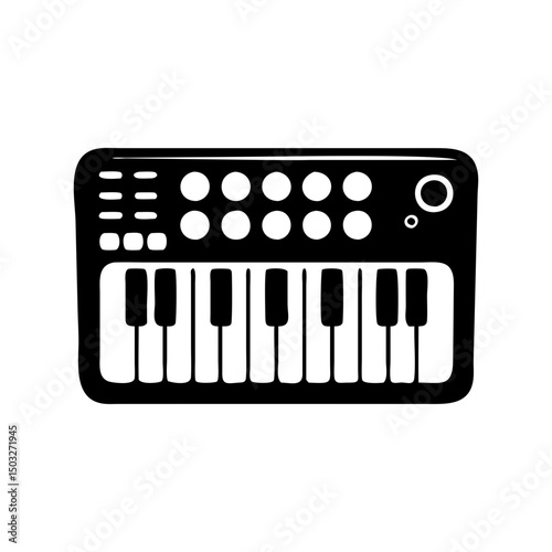 A black and white drawing of a synthesizer with keys and knobs
