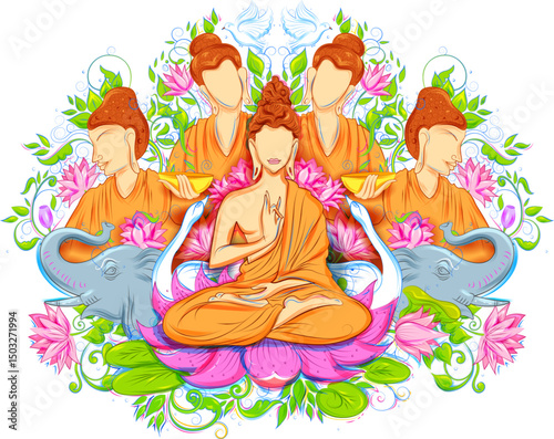 Lord Buddha in meditation for Buddhist festival of Happy Buddha Purnima Vesak